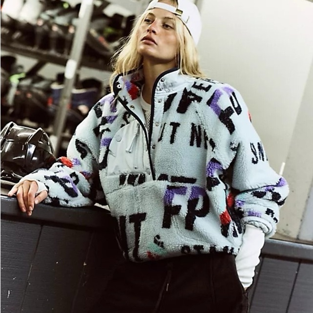 Free People Hit The Slopes Printed Fleece Pullover "Stand Out Never Still"